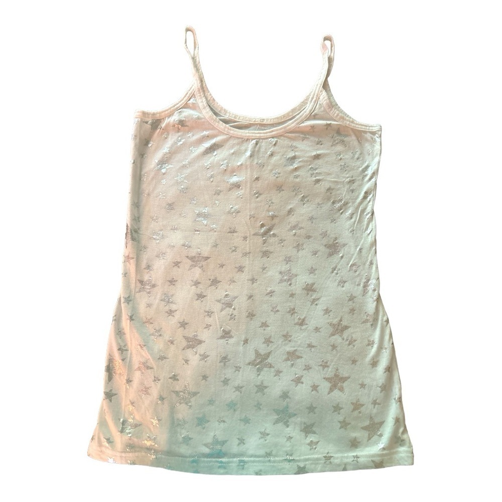 NO BOUNDARIES tank top, Large, white with metallic silver stars of all sizes.